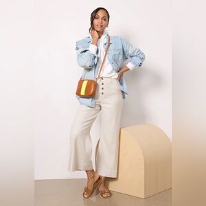 Evereve Joelle wide leg beige linen blend high rise crop fit pants size 27